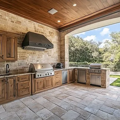 outdoor kitchen with custom cabinets