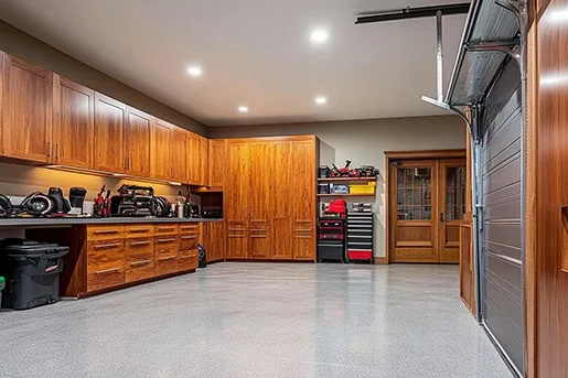 garage with custom cabinets