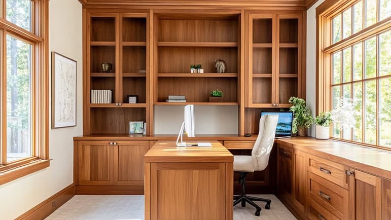 home office with custom cabinets and shelving