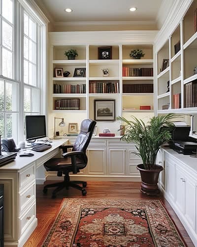 home office with custom cabinets