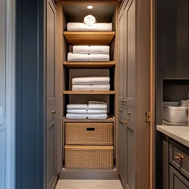 linen closet with custom cabinets