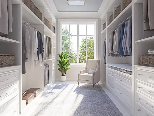 white walk-in closet with custom cabinets