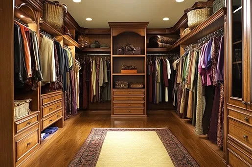 walk in closet with custom cabinets