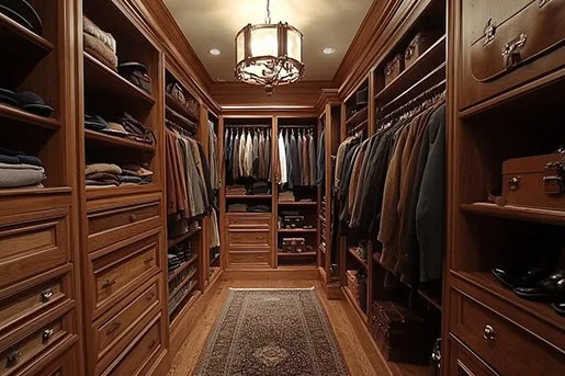 walk in closet with custom cabinets and shelving