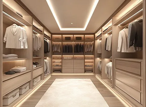 bright walk in closet with custom cabinetry
