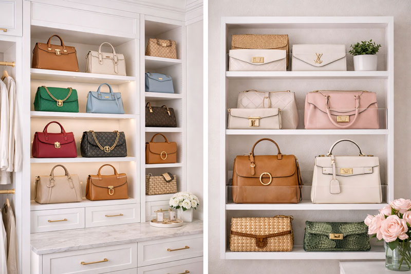 Elegant designer handbag display in closet