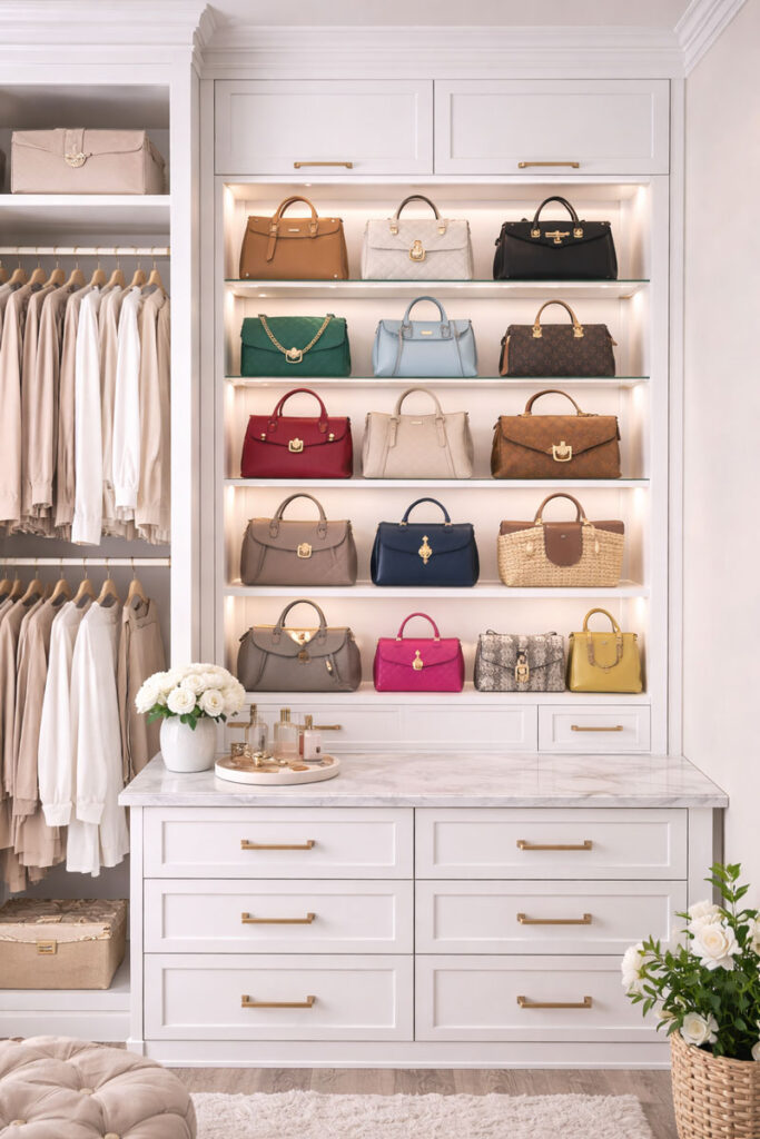 Elegant purse display in luxury closet