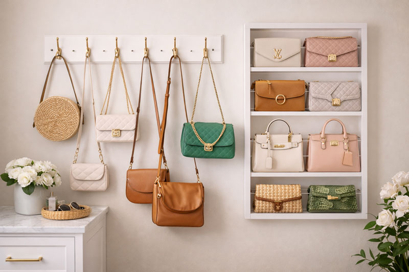 Organize Purses With Hooks and Wall Storage