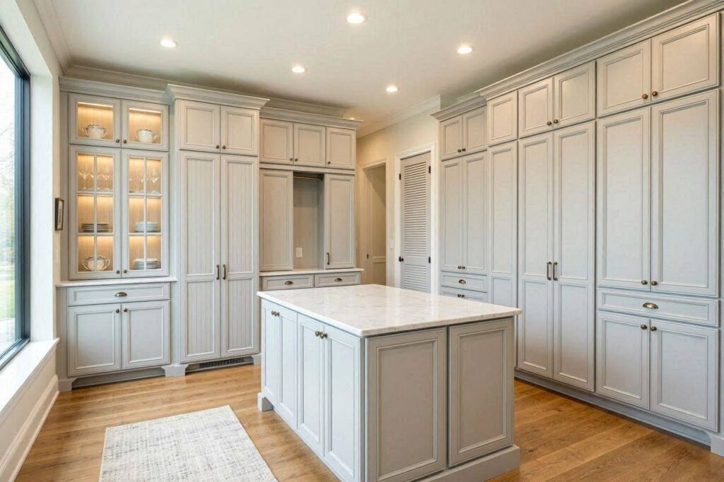 A kitchen with numerous white cabinet doors